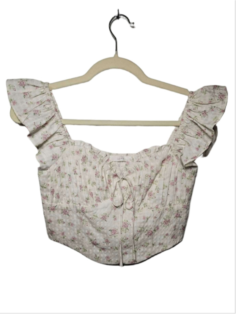 Lush Floral Ruffle Crop Top Cottagecore Coquette Pink Rose Tie Front XS EUC
